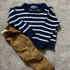 Striped Navy and White Sweater with Brown Pantsb